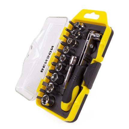 Bit-Doppenset 23 dlg: Ratel, 1/4" Verlengstuk, 9 Doppen, 12 Bits