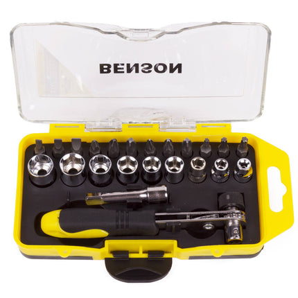 Bit-Doppenset 23 dlg: Ratel, 1/4" Verlengstuk, 9 Doppen, 12 Bits