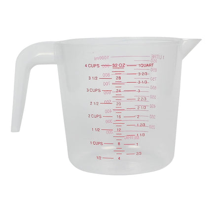 Maatbeker 1000 ml, transparant plastic, ideaal voor vloeistofmeting.