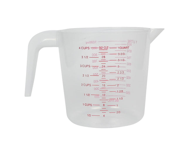 Maatbeker 1000 ml, transparant plastic, ideaal voor vloeistofmeting.