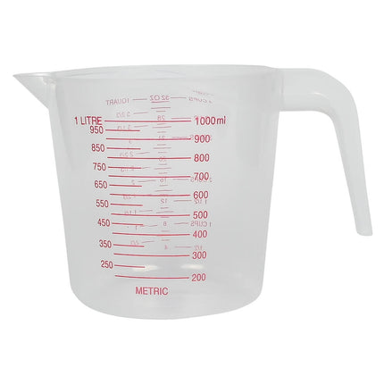 Maatbeker 1000 ml, transparant plastic, ideaal voor vloeistofmeting.