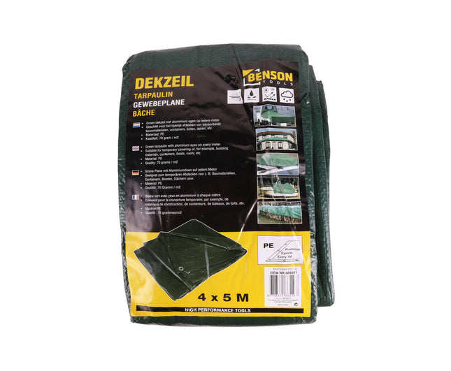Dekzeil 4x5m Groen, PE 70 GSM, Aluminium Ogen, Buitenbescherming