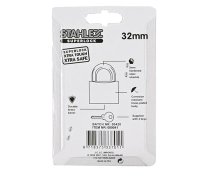 Hangslot 32 mm, Weerbestendig, Inclusief 3 Sleutels voor Poorten