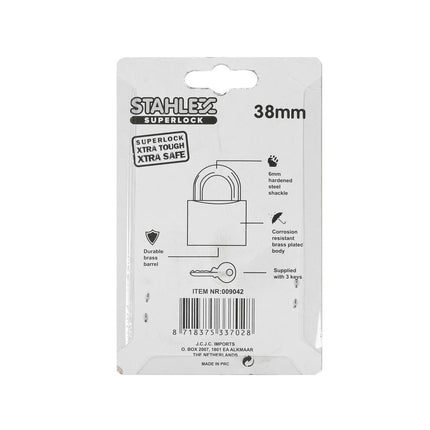 Hangslot 38 mm: Geharde Stalen Beugel, Messing Behuizing, 3 Sleutels