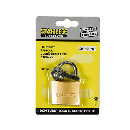 Hangslot 38 mm: Geharde Stalen Beugel, Messing Behuizing, 3 Sleutels