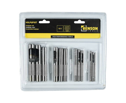12-delige Holpijpset Jumbo: Cr-V staal, maten 2,5-16mm, ideaal voor leer.