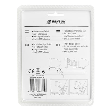 Fietskoplamp 3 LED Zwart, Voorvorkmontage, 3x AAA, Stijlvolle Verlichting