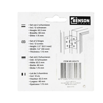 Scharnieren 63.5x40mm, set van 2, incl. 12 schroeven voor deuren.