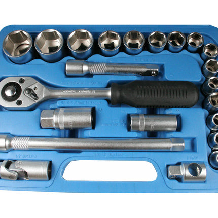 "Doppendoos 22 dlg Satin Finish, 1/2" Ratel, Verlengstukken, Inch Maten"