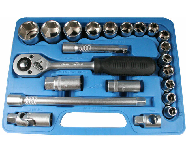 "Doppendoos 22 dlg Satin Finish, 1/2" Ratel, Verlengstukken, Inch Maten"