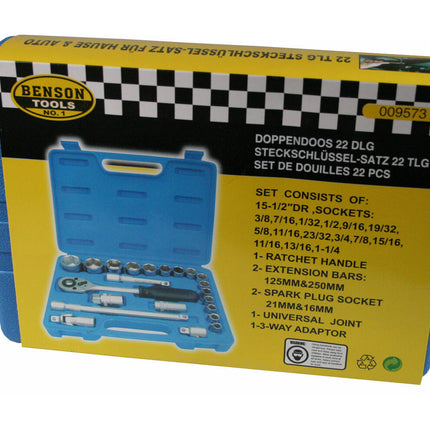 "Doppendoos 22 dlg Satin Finish, 1/2" Ratel, Verlengstukken, Inch Maten"