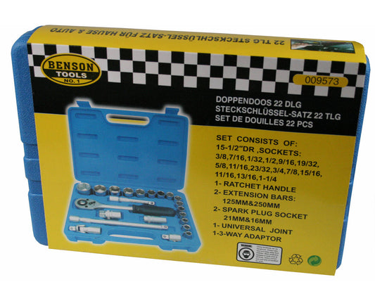 "Doppendoos 22 dlg Satin Finish, 1/2" Ratel, Verlengstukken, Inch Maten"