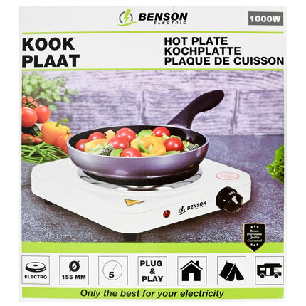 Kookplaat enkel wit 1000W – Diameter kookplaat 15,5 cm, Afmeting 22 x 22 x 7 cm