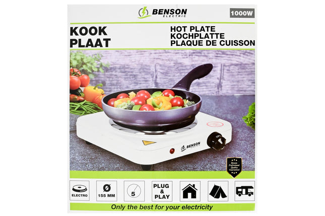 Kookplaat enkel wit 1000W – Diameter kookplaat 15,5 cm, Afmeting 22 x 22 x 7 cm