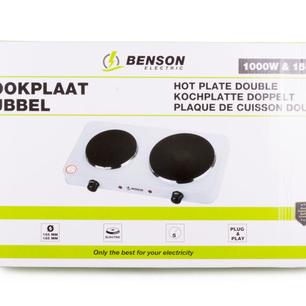 Kookplaat wit dubbel 1000/1500W – Diameter kookplaat 1 15,5 cm, Vermogen 1000 en 1500 W