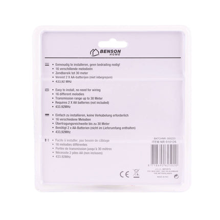 Draadloze Deurbel, 16 Melodieën, 30m Bereik, Compact en Eenvoudig te Installeren