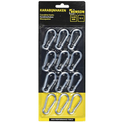 12-delige Karabijnhakenset 5x50 mm voor tassen en ophangmogelijkheden.