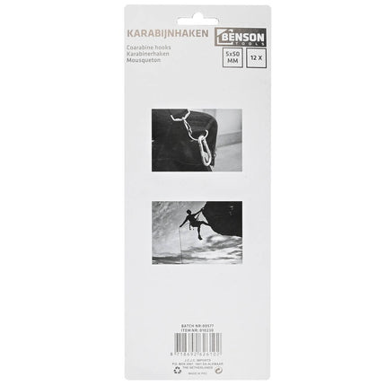 12-delige Karabijnhakenset 5x50 mm voor tassen en ophangmogelijkheden.