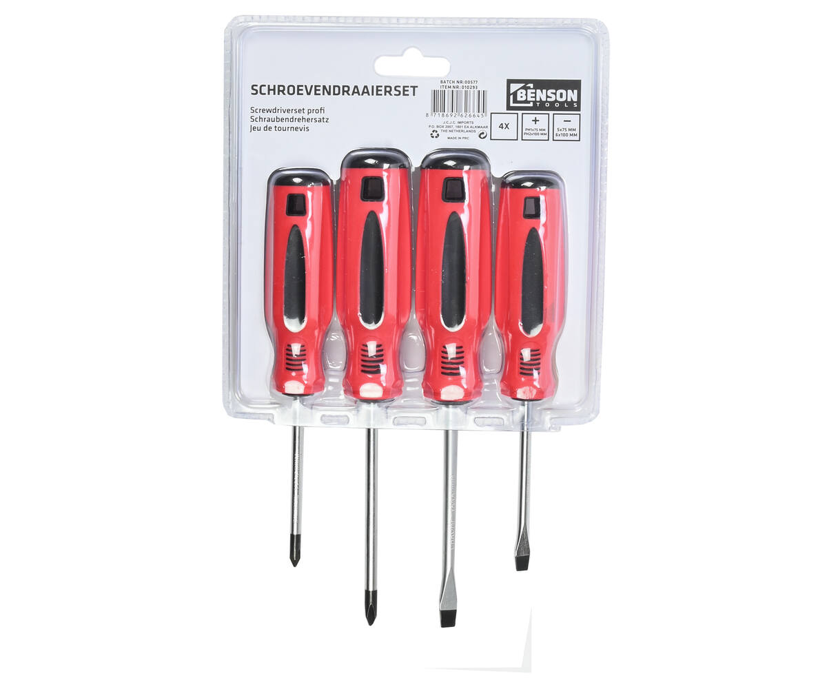 Schroevendraaier Set 4 dlg - 2 Platkop, 2 Kruiskop voor Thuisgebruik