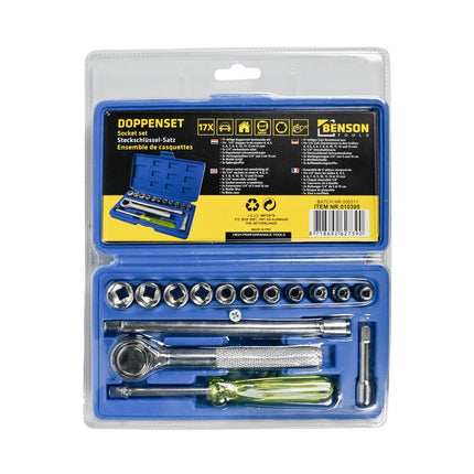 Doppendoos 17-delig: 1/4" Dopsleutels, Ratel, Verlengstukken, Compact