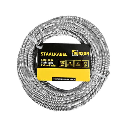 Staalkabel 3 mm x 15 mtr voor zware belastingen en buitengebruik