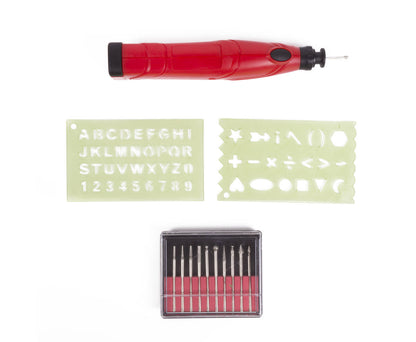 Graveerpen 3V, 10 opzetstukken, 13.000rpm, werkt op 2x AAA-batterijen.