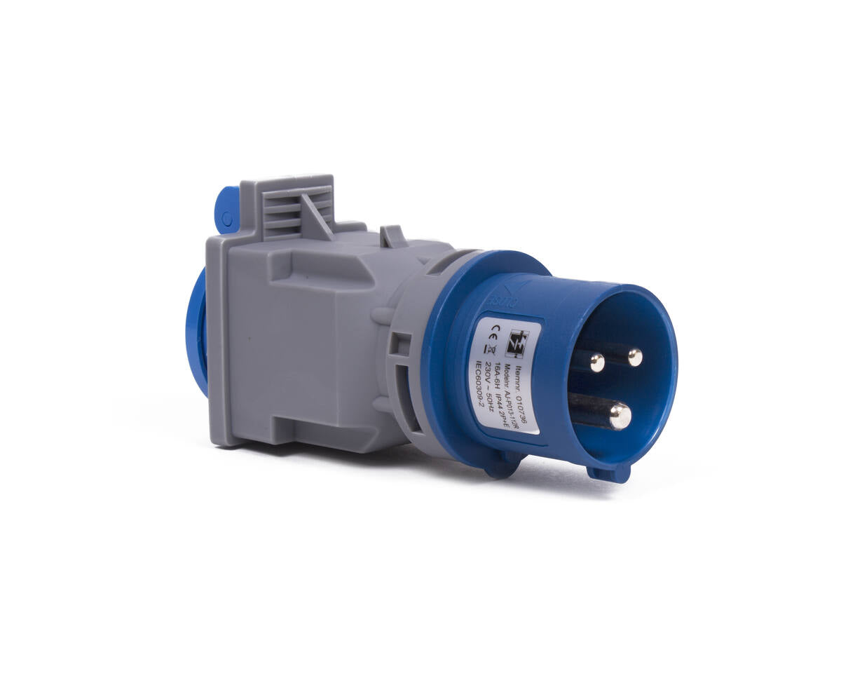 CEE Stekker IP44 16A 230V 2P+E, voor binnen/buiten gebruik.