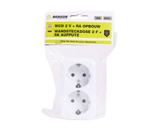 2-voudige RA Wandcontactdoos Opbouw, 250V AC, 16A, IP20, 102x61x43mm