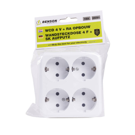 Wandcontactdoos 4-voudig RA 250V 16A IP20 voor thuis en kantoor.