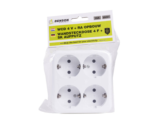 Wandcontactdoos 4-voudig RA 250V 16A IP20 voor thuis en kantoor.