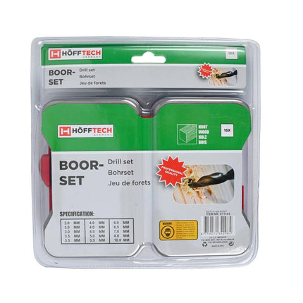 15-delige Carbon Steel Boorset voor Hout, Incl. Hardcase
