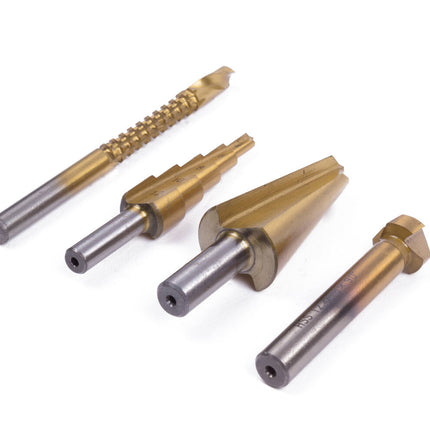HSS Boorset 4-dlg: Trappen-, Kegel-, Frees- en Verzinkboor voor Hout/Metaal.