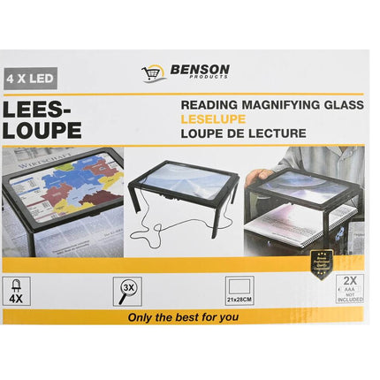 Leesloupe A4, 3x Vergroting, 4 LED-lampen, Ideaal voor Lezen