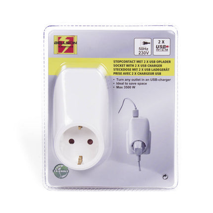 Stopcontact met 2 USB-poorten, 2.1A, laad smartphones en tablets.