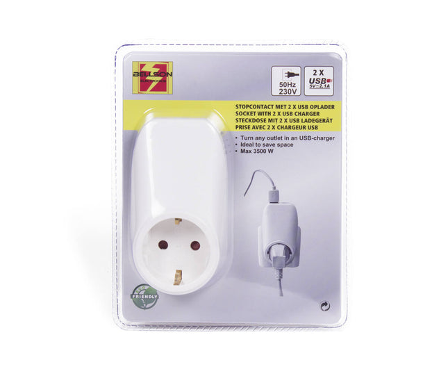 Stopcontact met 2 USB-poorten, 2.1A, laad smartphones en tablets.