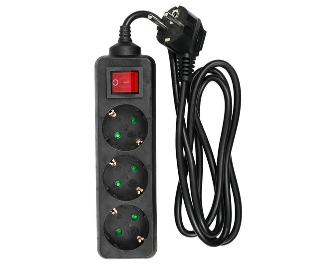 Stekkerdoos 3-voudig RA Schakelaar 1.5m Zwart, ideaal voor kantoor.