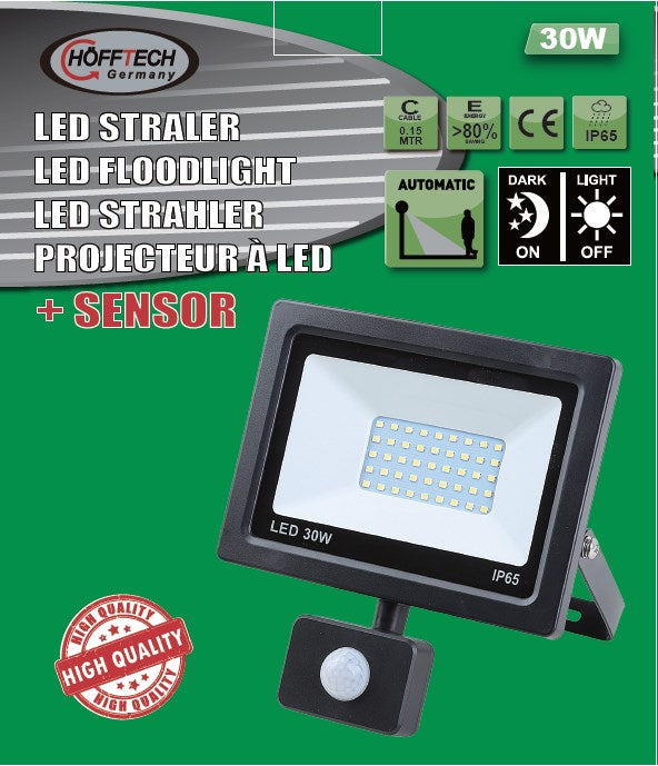 LED straler flat 30W SMD + sensor – Vermogen 30W, Spanning 220 - 240 V, Helderheid 3000 lm