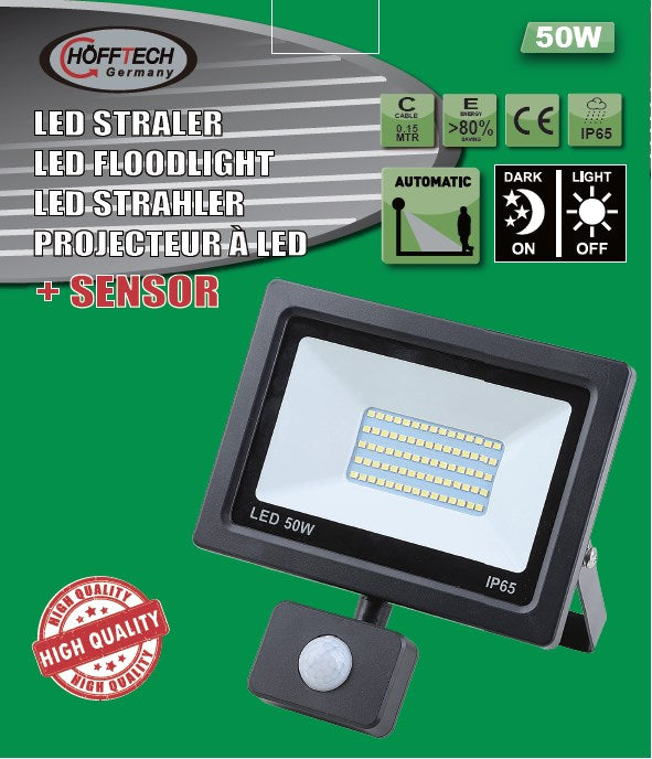 LED straler flat 50W SMD + sensor – Vermogen 50W, Spanning 220 - 240 V, Helderheid 5000 lm