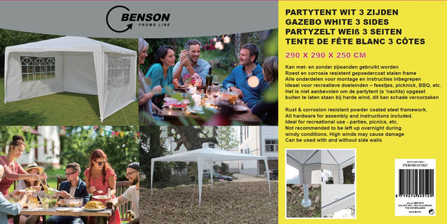 Partytent 3 zijden 290 x 290 x 245 cm – Afmeting 290 x 290 x 245 CM, Material 90gram/m2 PE