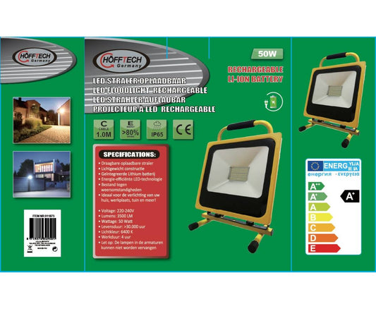 50W Oplaadbare LED Werklamp, 3500lm, 4u Gebruiksduur, IP65, 6600mAh Accu