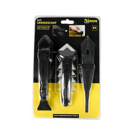 Kit Reparatieset met Schraper 8 dlg: Metalen en Kunststof Schrapers, Siliconen Troffel, 4 Radius Opzetstukken voor Perfecte Kitverwijdering en Afwerking.