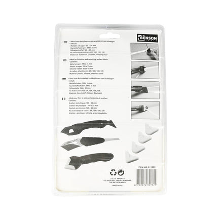 Kit Reparatieset met Schraper 8 dlg: Metalen en Kunststof Schrapers, Siliconen Troffel, 4 Radius Opzetstukken voor Perfecte Kitverwijdering en Afwerking.