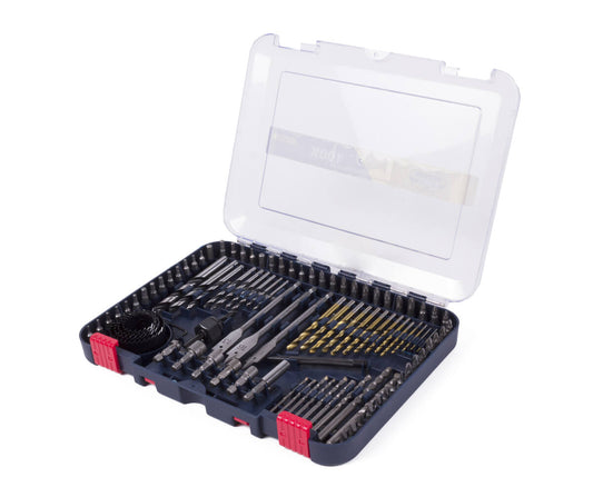 Boor en Bitset 100 dlg: 14x HSS, 12x hout, 9x steen, 52 bits, koffer.