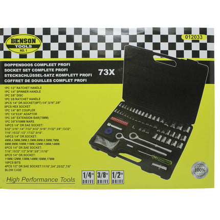 Doppendoos 73-delig met ratels, adapters en sockets voor klussen.