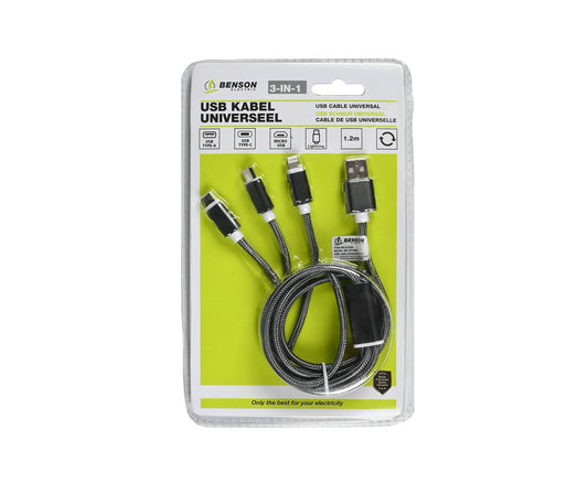 3-in-1 USB Kabel 1,2m - iPhone, Micro-USB, USB-C, Laad Meerdere Apparaat