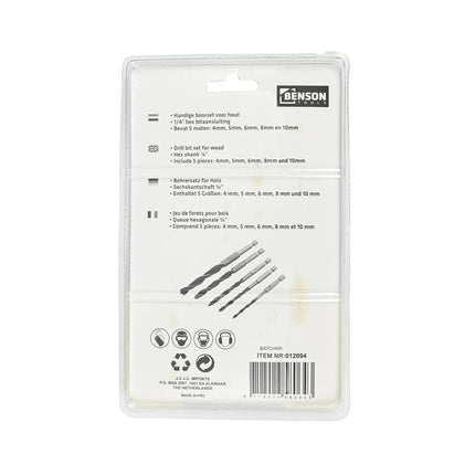 Boorset 5-delig, 4-10mm, 1/4" Hex, Houtbewerking Klussen