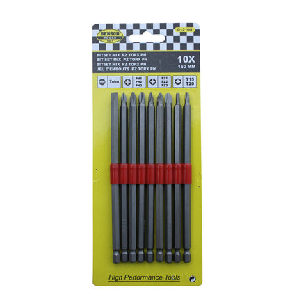 10-delige bitset 150mm, Torx, PH, PZ voor moeilijk bereikbare plaatsen.
