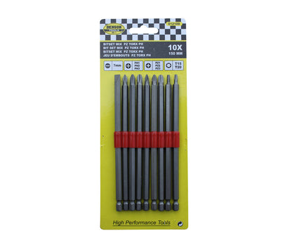 10-delige bitset 150mm, Torx, PH, PZ voor moeilijk bereikbare plaatsen.