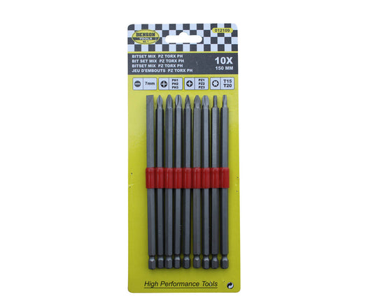 10-delige bitset 150mm, Torx, PH, PZ voor moeilijk bereikbare plaatsen.