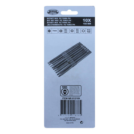 10-delige bitset 150mm, Torx, PH, PZ voor moeilijk bereikbare plaatsen.